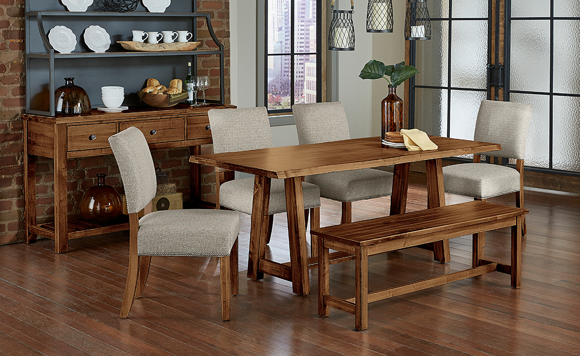 4_500-TrestleTableCraftedLiveEdgeTop_UpholsteredChairs_Bench_Server_Hutch